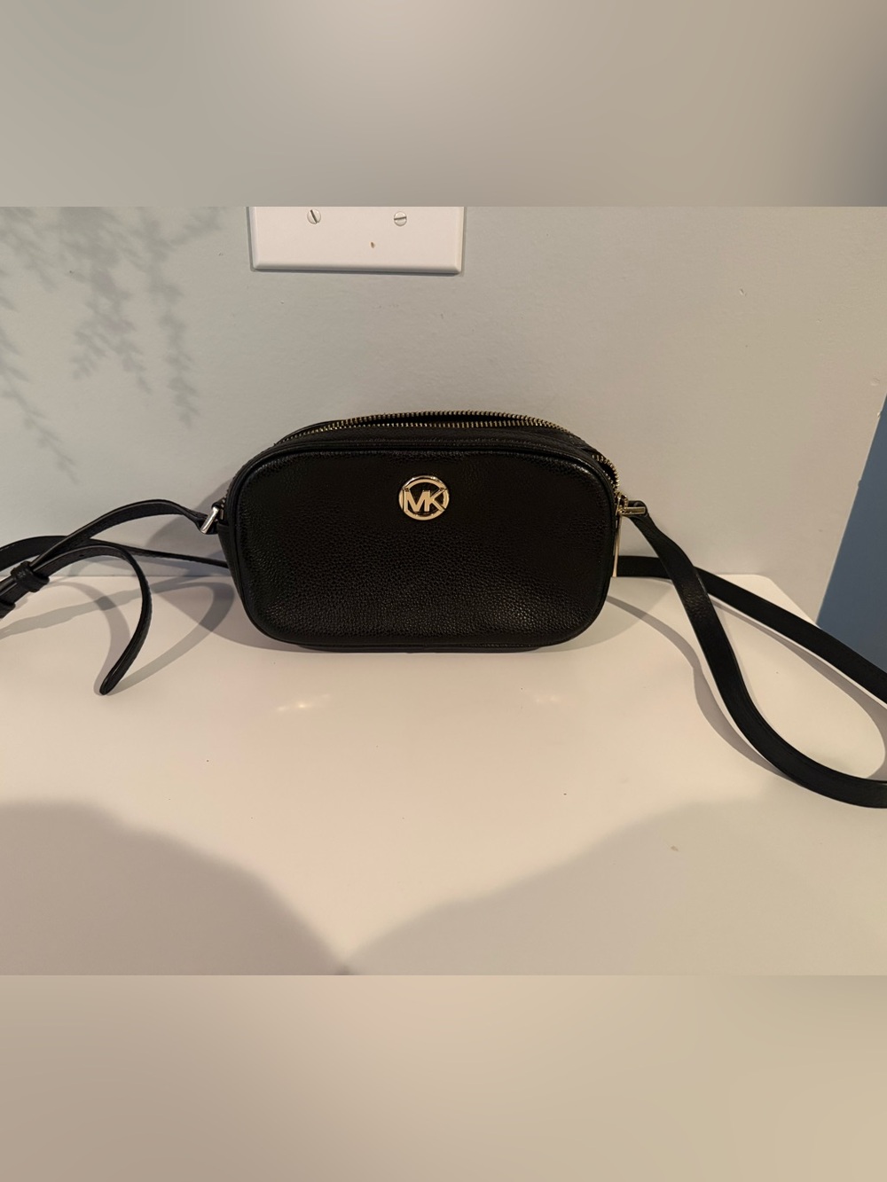 Michael Kors Black Pebbled Leather Camera Crossbody with Gold Logo